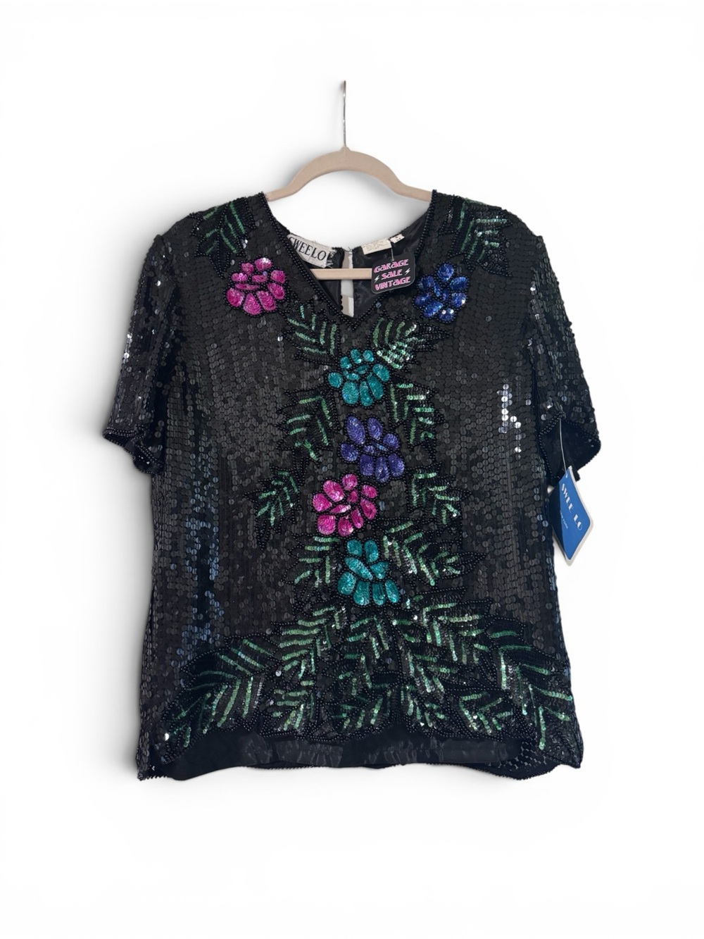 Sequin Floral Short Sleeve Blouse in Black